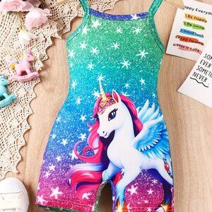 Unicorn Graphic Cami Romper For Girls, Stylish Summer Versatile Suit Outdoor